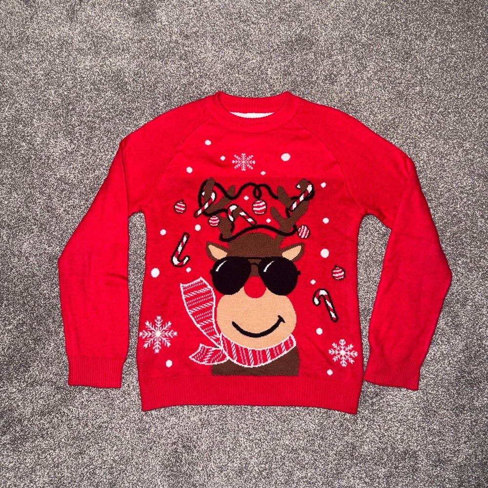 Youth Girls Red Knit Christmas Rudolph The Red Nose Reindeer Sweater